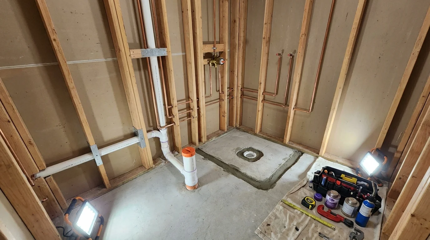 Bathroom rough-in plumbing during remodel by Johns Plumbing LLC in Waldorf