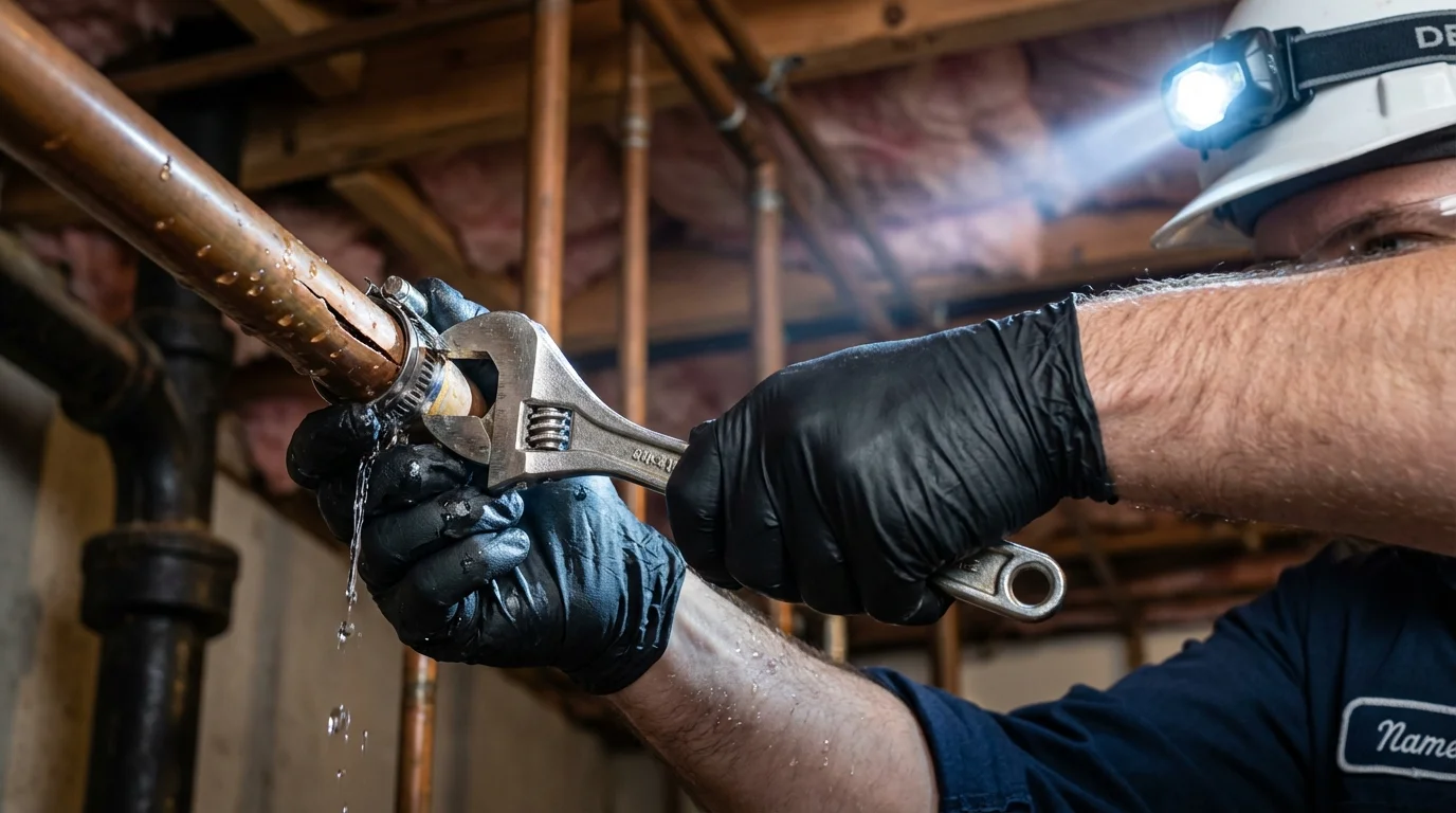 Emergency pipe clamp repair being performed by a Johns Plumbing LLC plumber in Waldorf