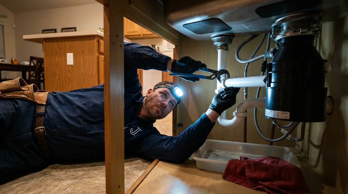 P-trap and supply line connections under a kitchen sink showing a common leak point in Waldorf, MD